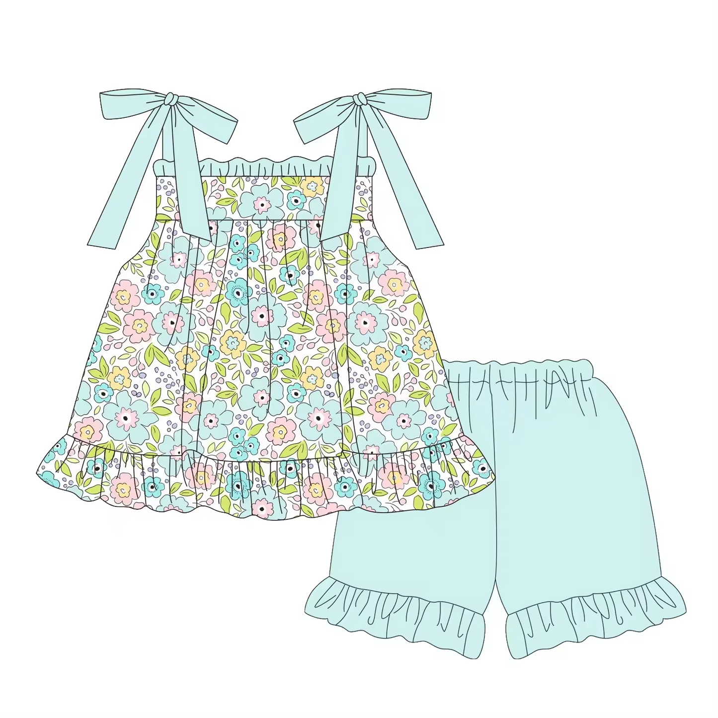 5.15custom each style moq 5eta 4-5week Sibling Sister floral print blue girls outfits and baby romper match family design