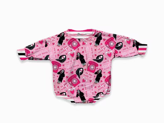 5.14custom each style moq 5eta 4-5week Sibling Sister Mr. Ghostface Mask with Heart Eyes print pink baby romper