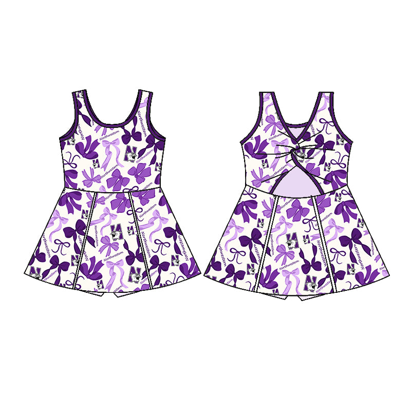 Custom moq 5 mix sizes summer teams baby girls clothes team purple short sleeve skirts shorts sets dress 1 and dress 2-25.5.10