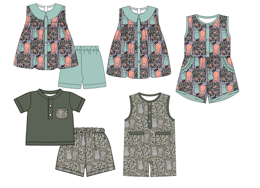 26.1.5 custom each style moq 5 eta 6-8week Sibling Sister easter baby short sleeve shorts sets 2 and dress and romper and jumpsuit match design