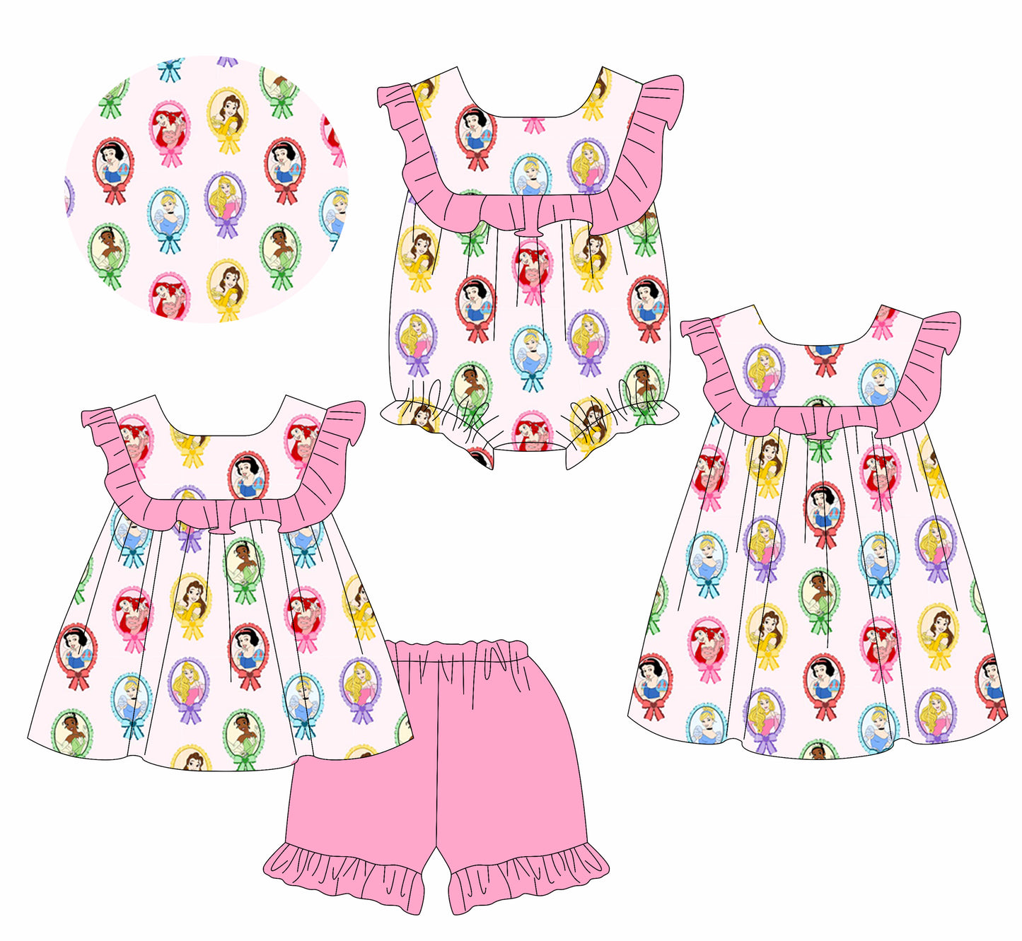 1.15 custom each style moq 5eta 4-6week Sibling Sisters cartoon disney princess baby girl short sleeve shorts sets and dress and rompers match family design