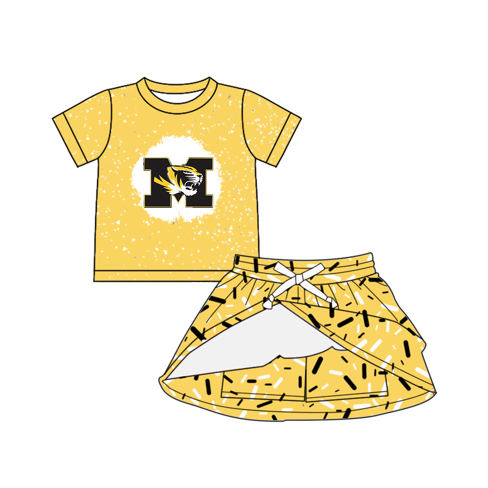 Custom moq 5 mix sizes summer teams baby girls clothes team yellow short sleeve skirts shorts sets dress top-25.5.9