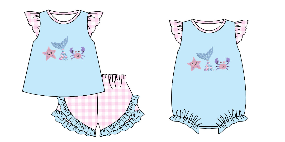 25.12.4 custom each style moq 5 eta 6-8 week Sibling Sister starfish baby girl short sleeve shorts sets and rompers match family design