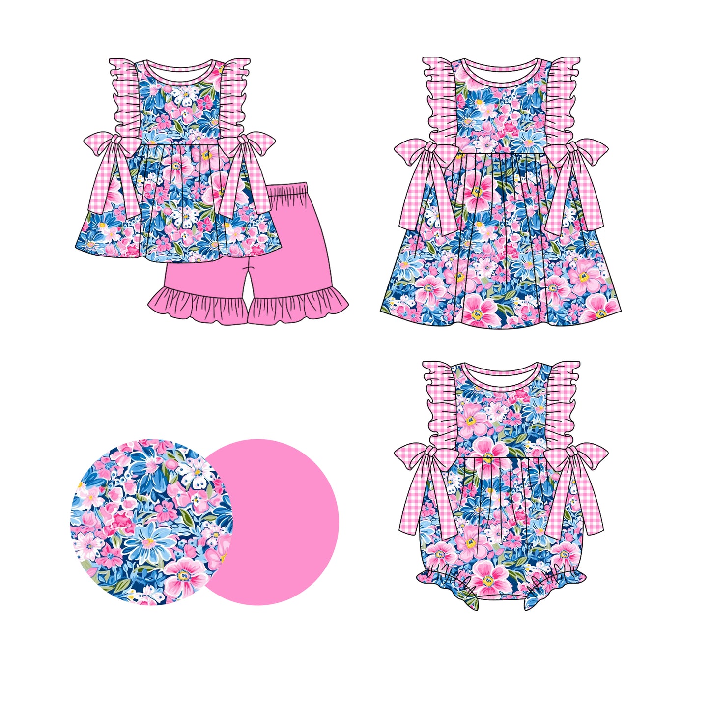 1.4 custom each style moq 5eta 4-6week Sibling Sistes floral baby girl short sleeve shorts sets and dress and rompers match family design