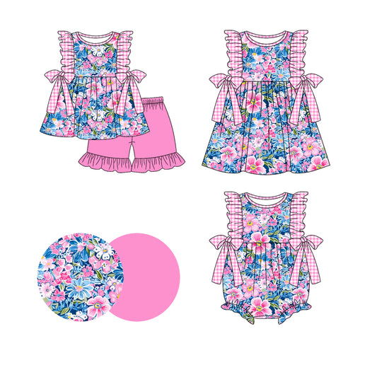 1.4 custom each style moq 5eta 4-6week Sibling Sistes floral baby girl short sleeve shorts sets and dress and rompers match family design