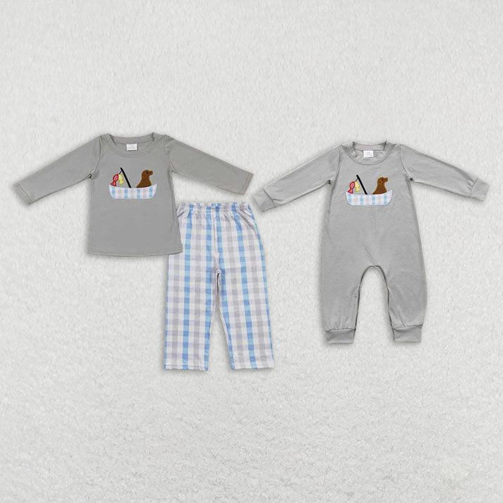 Baby girls Puppy on the boat print gray Sibling Sister Clothes Sets