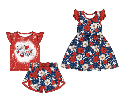 1.2 custom each style moq 5eta 4-6week Sibling Sister America baby girl short sleeve shorts sets and dresses match design