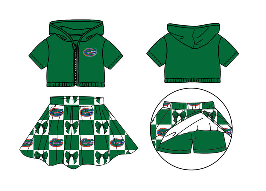 Custom moq 3 or 5 mix size milk silk summer teams baby girl clothes bow green zipper hooded short sleeve shorts skirts sets-26.1.17