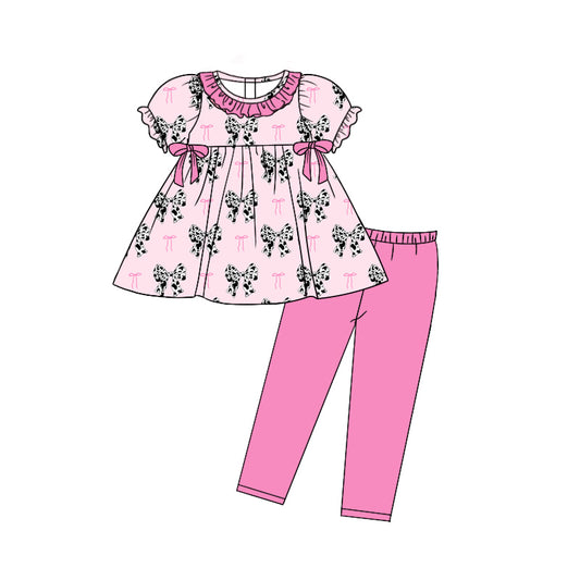 5.2custom each style moq 5eta 4-5week bow-tie prints pink girls set and dress and baby romper