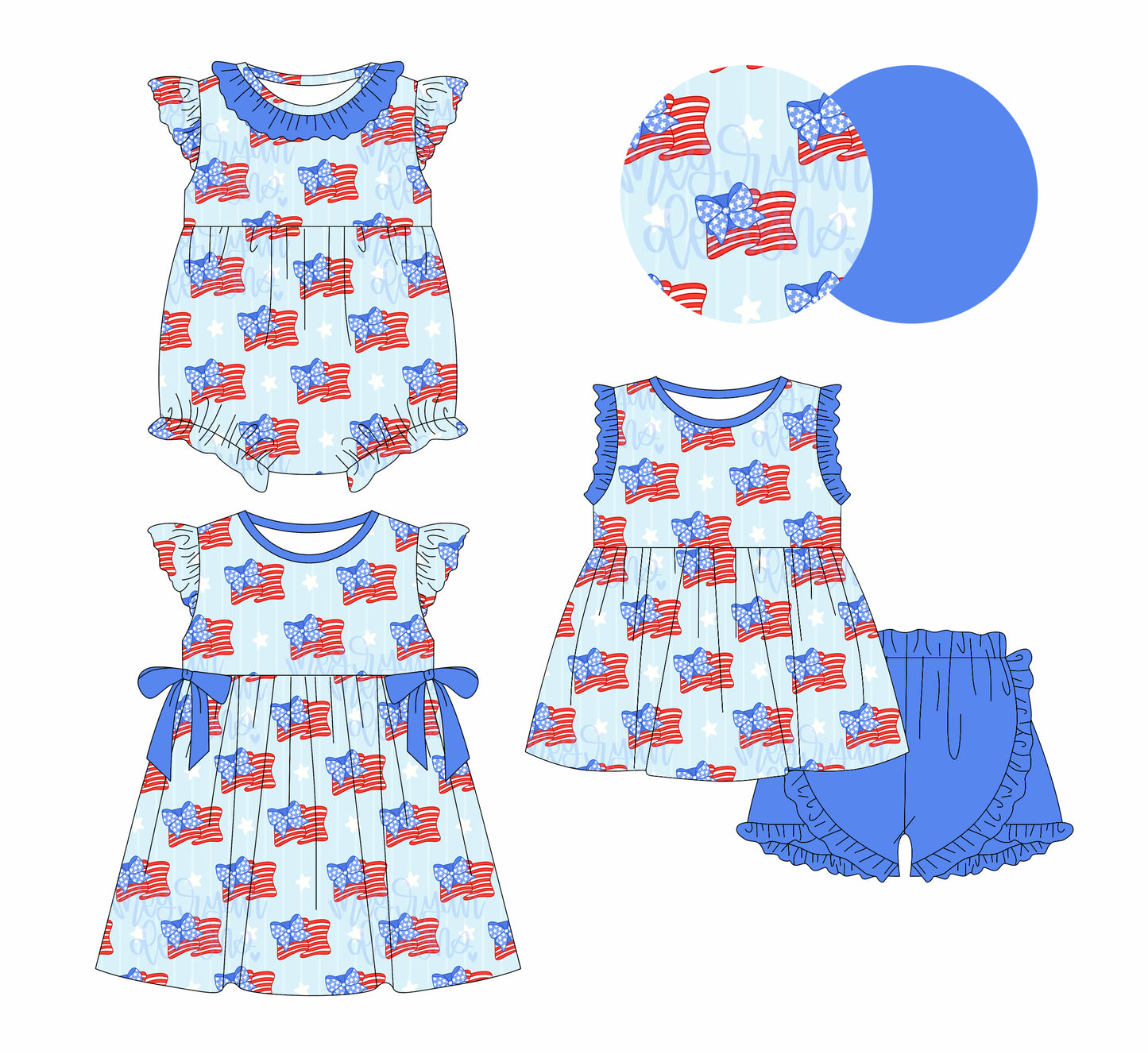 12.30 custom each style moq 5eta 4-6week Sibling Sistes flag baby girl short sleeve shorts sets and dress and rompers match family design