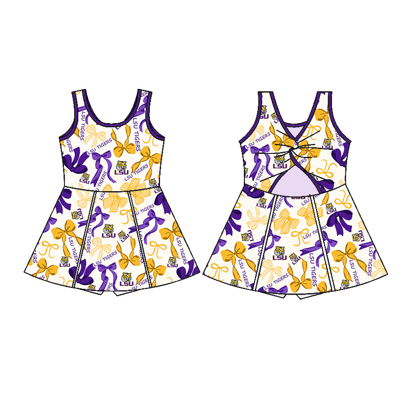 Custom moq 5 mix sizes summer teams baby girls clothes team purple short sleeve skirts shorts sets dress 1 and dress 2 and dress 3 and dress 4-25.5.13