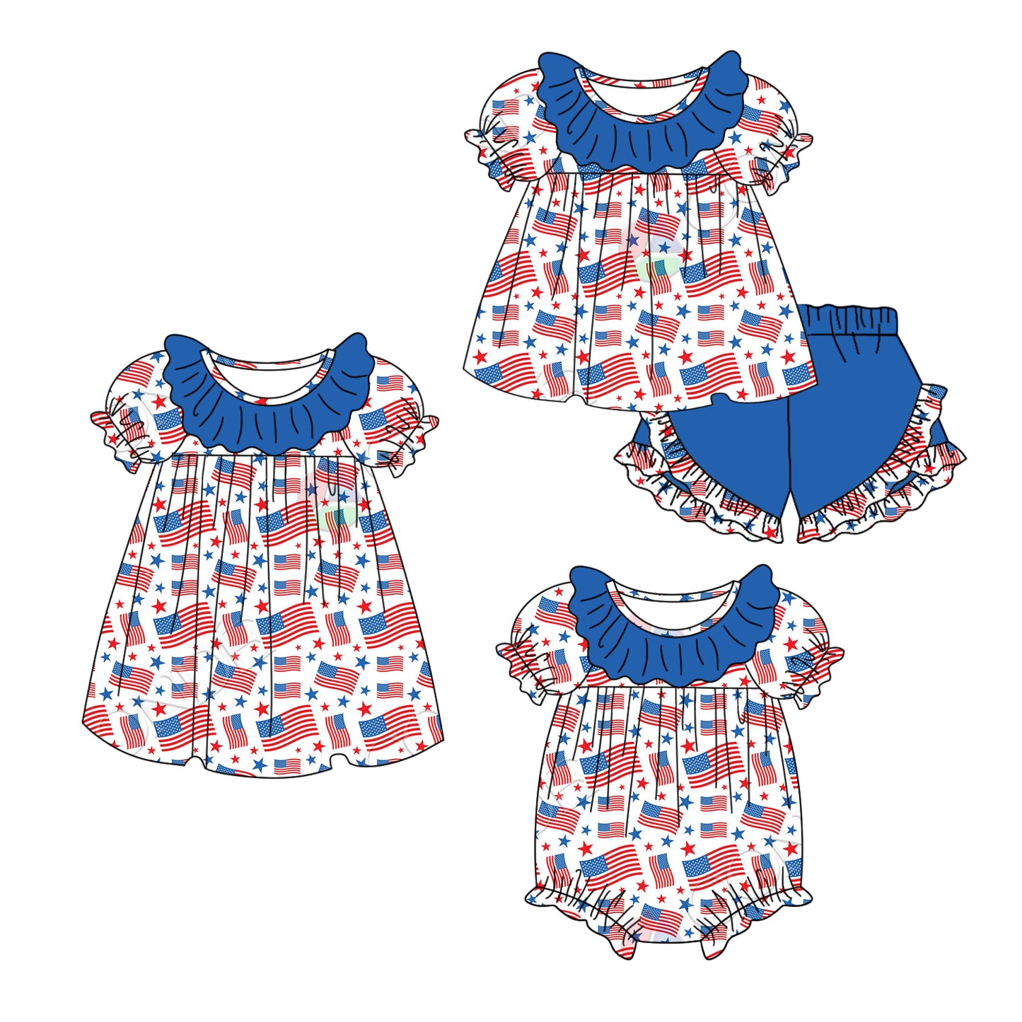 1.6 custom each style moq 5eta 4-6week Sibling Sister 4th of july baby girl short sleeve shorts sets and dress and rompers match family design