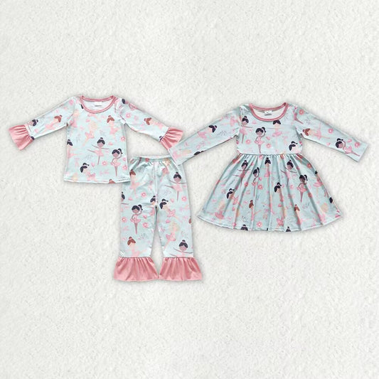 RTS NO MOQ  GLD0309 GLP0647 Dancing Girl Printed Light Green Long Sleeve Suit & Long Sleeve Dress