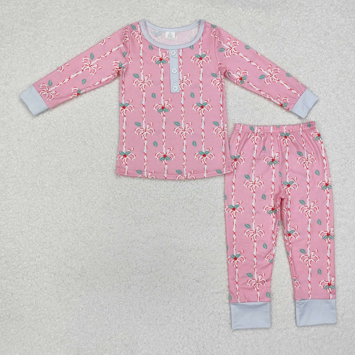 BAMBOO RTS NO MOQ ETA 5/7days GLP1925 Modal Christmas leaf bow pattern pink long-sleeved trousers pajama set