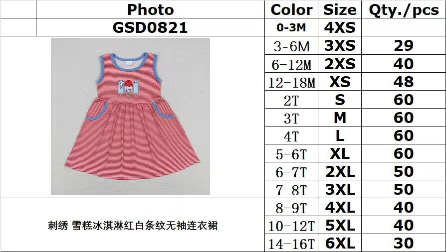 RTS no moq GSD0821 Embroidered ice cream red and white striped sleeveless dress