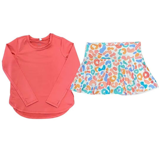 custom moq 5 eta 4-6 weeks  Summer baby girls clothes pink long sleeve top colorful leopard swim skirt shorts suit