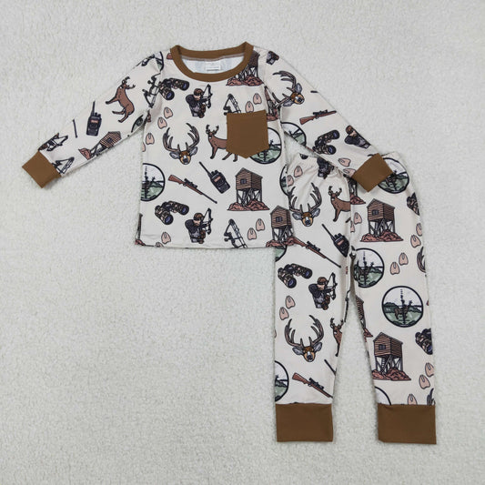 RTS NO MOQ（In Stock ) BLP1236 Reindeer hunting binoculars brown pocket long-sleeved pajamas set