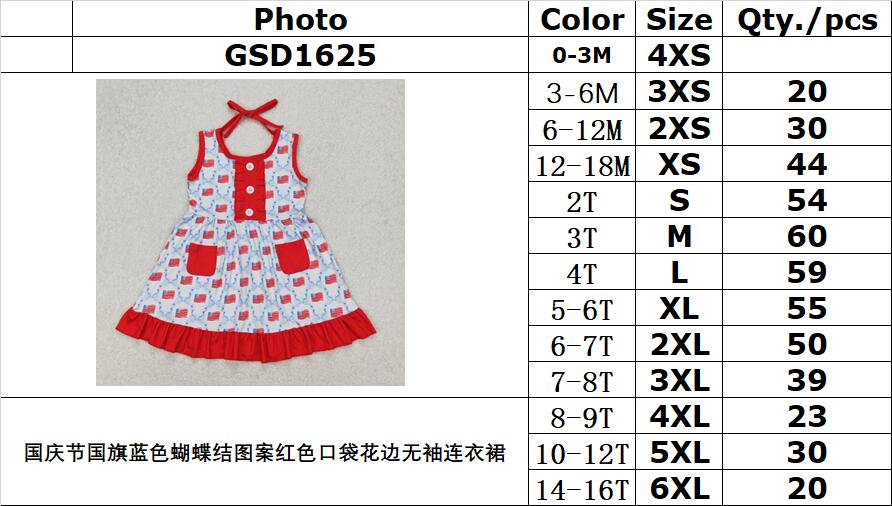 RTS NO MOQ ETA 5/7days Arrived GSD1625 National Day Flag Blue Bow Pattern Red Pocket Lace Sleeveless Dress