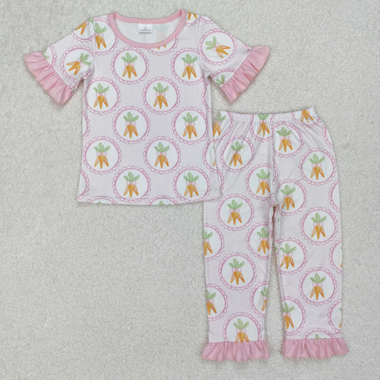 RTS NO MOQ ETA 5/7days Arrived GSPO1992 Easter Carrot Pink Striped Short Sleeve Long Pants Pajama Set