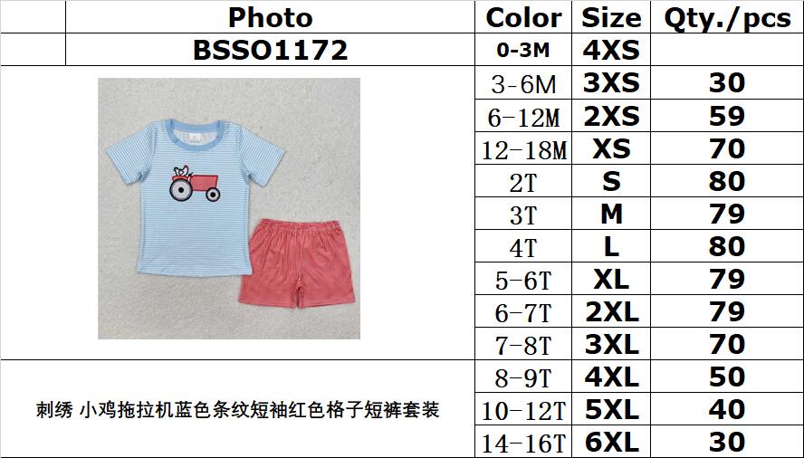 RTS NO MOQ ETA 5/7days Arrived BSSO1172 Embroidered chicken tractor blue striped short-sleeved red plaid shorts set