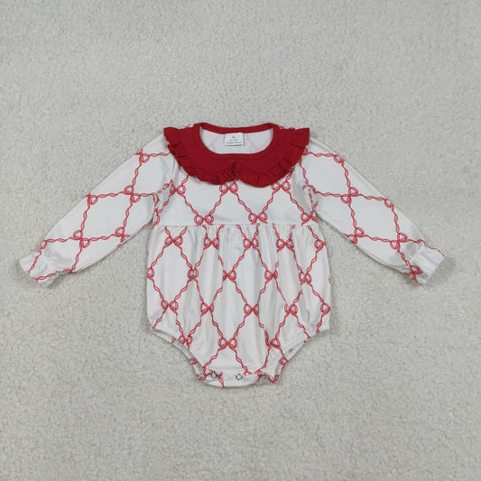 RTS NO MOQ（In Stock) Red Lace Peter Pan Collar Long-Sleeved Jumpsuit with Bow Pattern