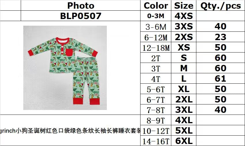 rts no moq BLP0507 Grinch puppy Christmas tree red pocket green striped long-sleeved trousers pajama set