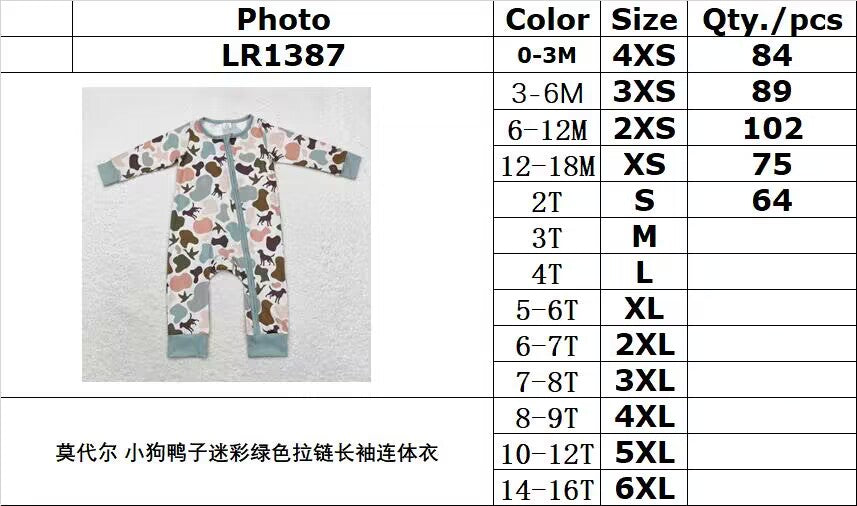 bamboo rts no moq LR1387 Modal puppy duck camouflage green zipper long sleeve jumpsuit