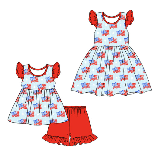 1.8 custom each style moq 5eta 4-6week Sibling Sister 4th of july baby girl short sleeve shorts sets and dresses match design