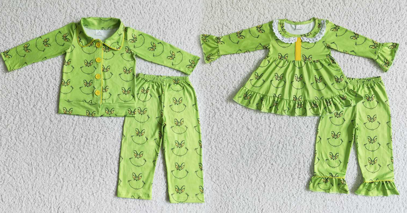 Baby Girls boys Cat smiley face print green Family siblings set