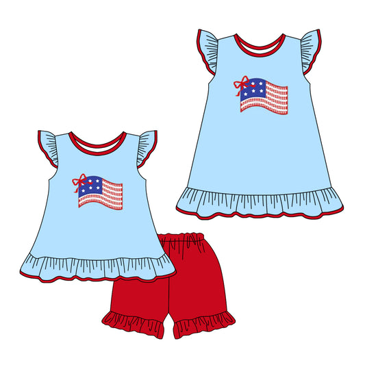 2.7 custom each style moq 5eta 4-6week Sibling Sister flag baby girl short sleeve shorts sets and dresses match design