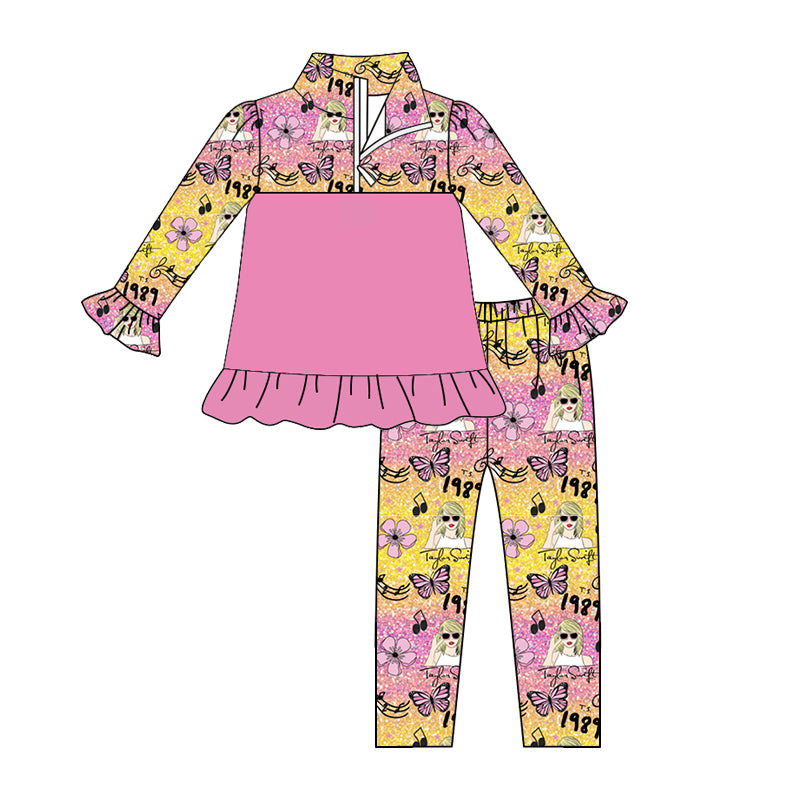 5.8custom each style moq 5eta 4-5week Sibling Sister cartoon character prints pink girls outfits and adult long pants and backpack match family design