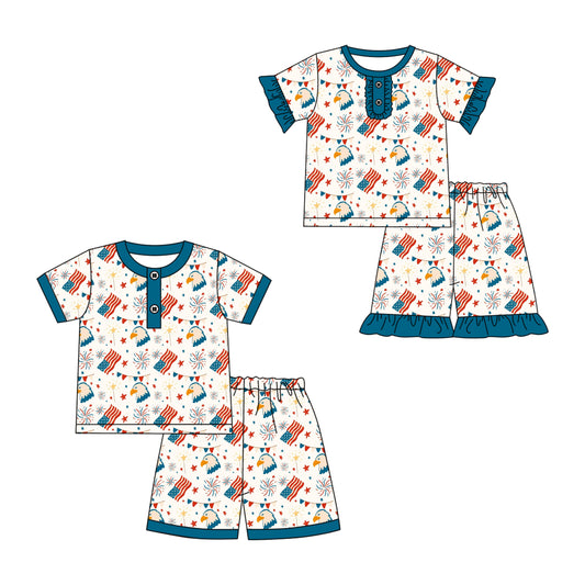 25.11.28 custom each style moq 5 eta 6-8week Sibling Sisters flag baby girl clothes short sleeve shorts sets 2 match family design