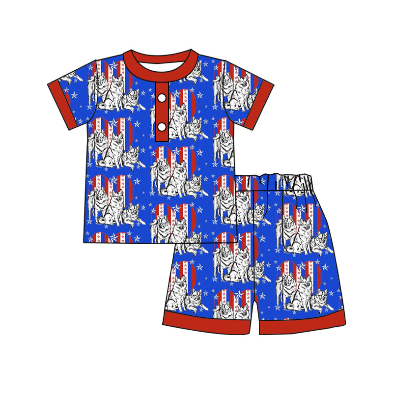 4.26 custom moq 5 eta 4-5weeks three dogs prints blue-red short sleeves with short pants set