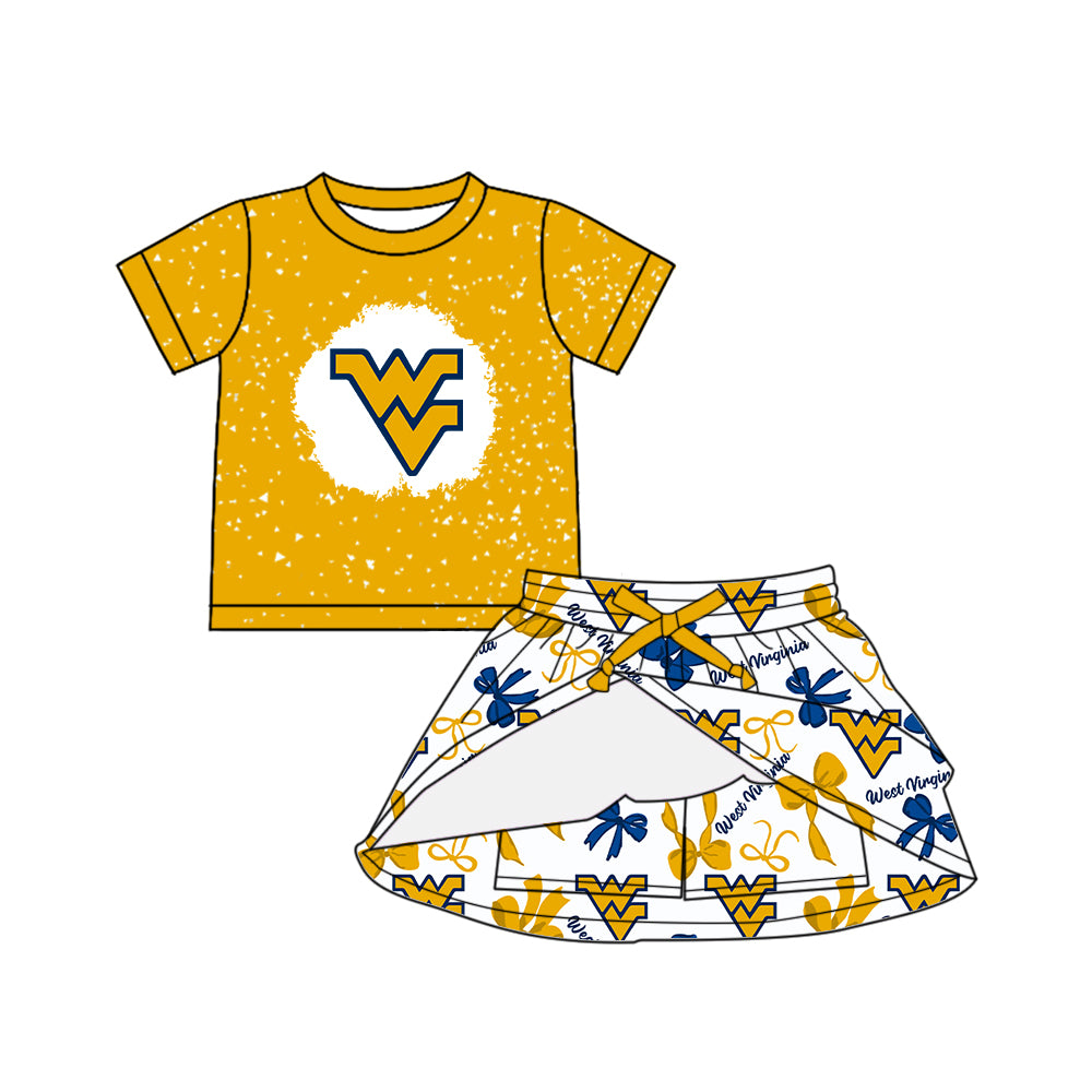 Custom moq 5 mix sizes summer teams baby girls clothes team yellow short sleeve skirts shorts sets dress 1 and dress 2 and dress 3 and dress 4-25.5.23