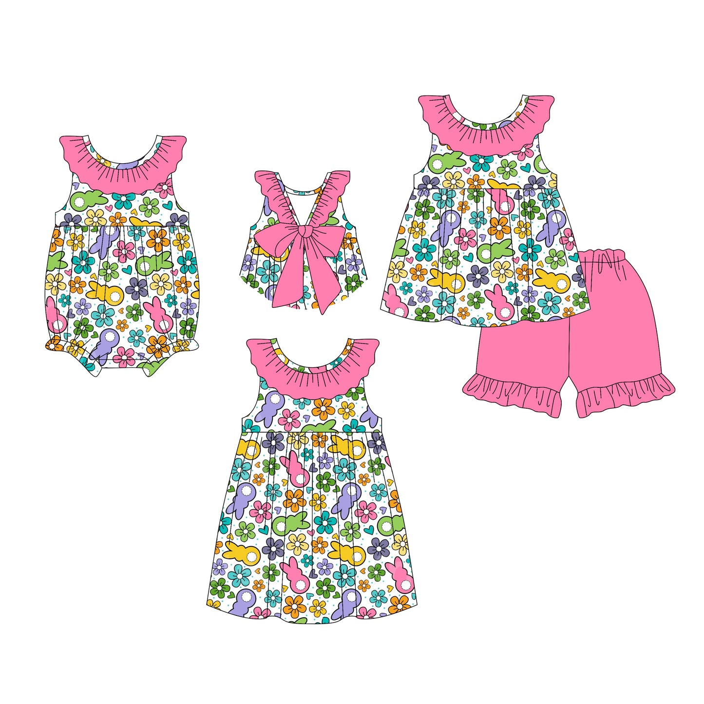 26.1.5 custom each style moq 5 eta 6-8week Sibling Sister easter bunny floral baby short sleeve shorts sets and romper and dress match design