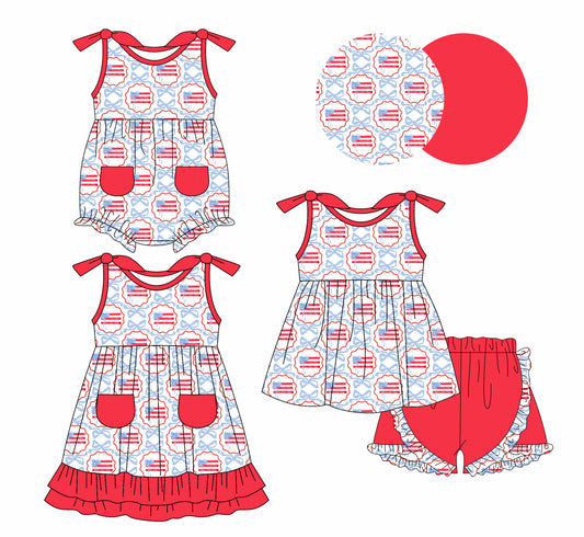 1.6 custom each style moq 5eta 4-6week Sibling Sister 4th of july baby girl short sleeve shorts sets and dress and rompers match family design