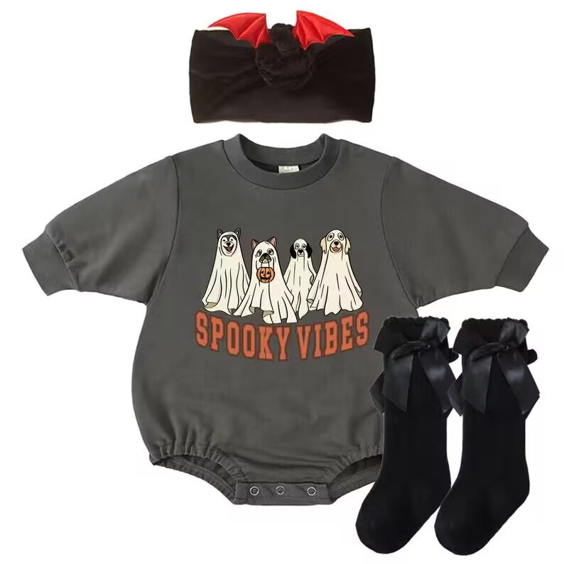 5.14custom each style moq 5eta 4-5week Sibling Sister SPOOKYVIBES print gray baby romper