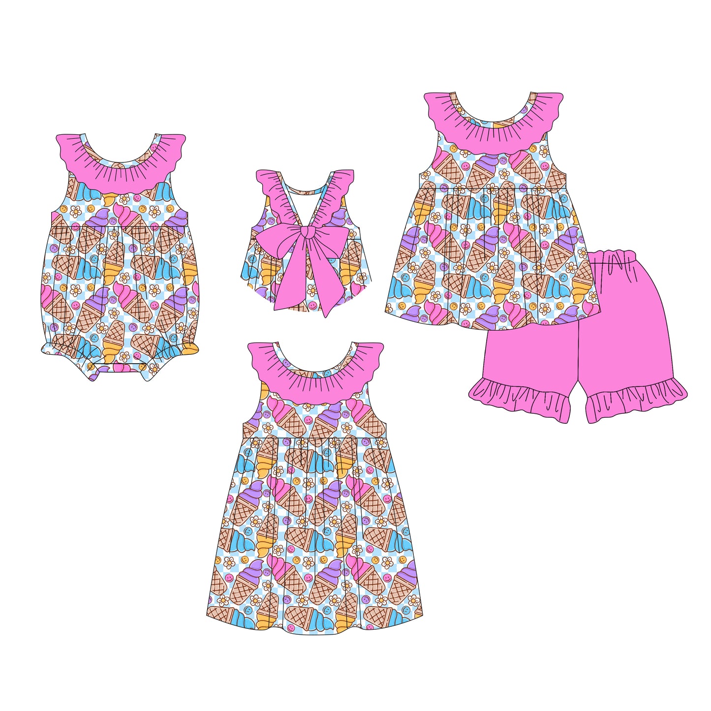 26.1.8 custom each style moq 5 eta 6-8week Sibling Sister baby short sleeve shorts sets and romper and dress match design