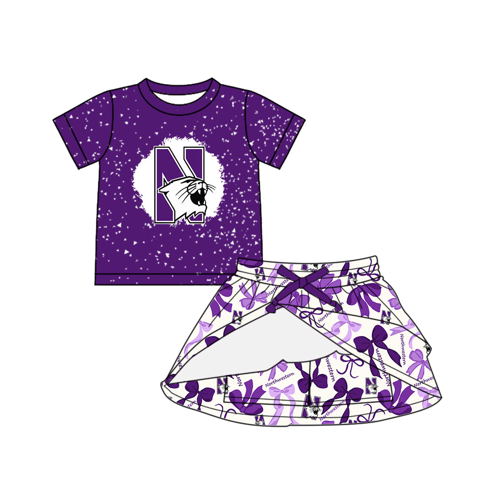 Custom moq 5 mix sizes summer teams baby girls clothes team purple short sleeve skirts shorts sets dress 1 and dress 2-25.5.10