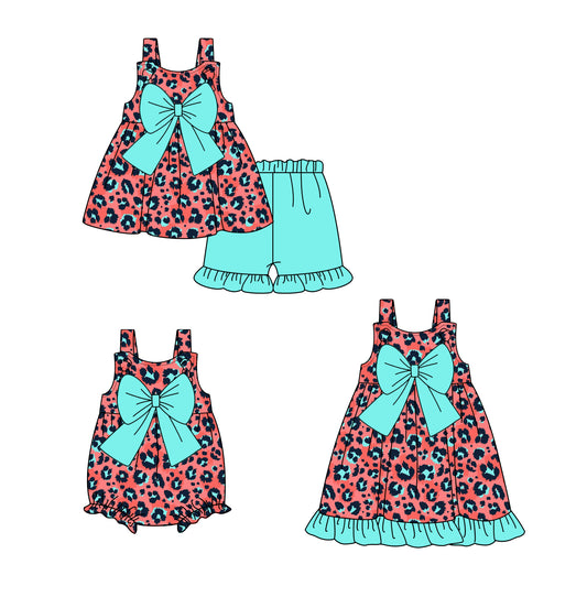 1.25 custom each style moq 5eta 4-6week Sibling Sisters leopard baby girl short sleeve shorts sets and dress and rompers match family design