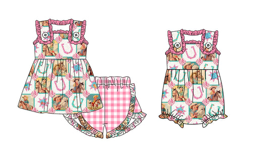 1.23 custom each style moq 5eta 4-6week Sibling Sister riding horse baby girls short sleeve shorts sets and romper match design