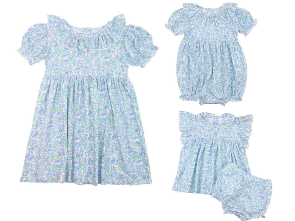 5.10custom each style moq 5eta 4-5week Sibling Sister Blue floral print girls dress and baby rompers match family design