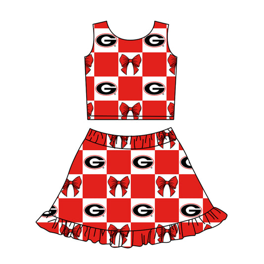 Custom moq 3 or 5 mix size milk silk summer teams baby girl clothes bow red sleeveless skirts sets-26.1.17