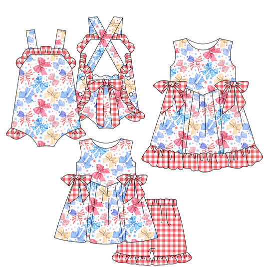 2.13 custom each style moq 5eta 4-6week Sibling Sisters bow baby girl short sleeve shorts sets and dress and rompers match family design