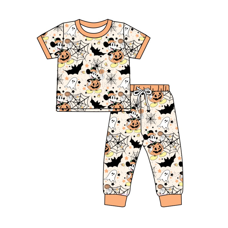 5.3custom each style moq 5eta 4-5week Sibling Sister Halloween pumpkin prints orange girls jumpsuits and boy set and baby romper match family design