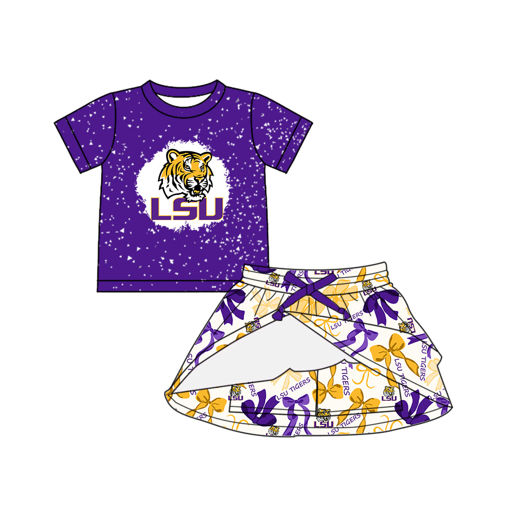 Custom moq 5 mix sizes summer teams baby girls clothes team purple short sleeve skirts shorts sets dress 1 and dress 2 and dress 3 and dress 4-25.5.13