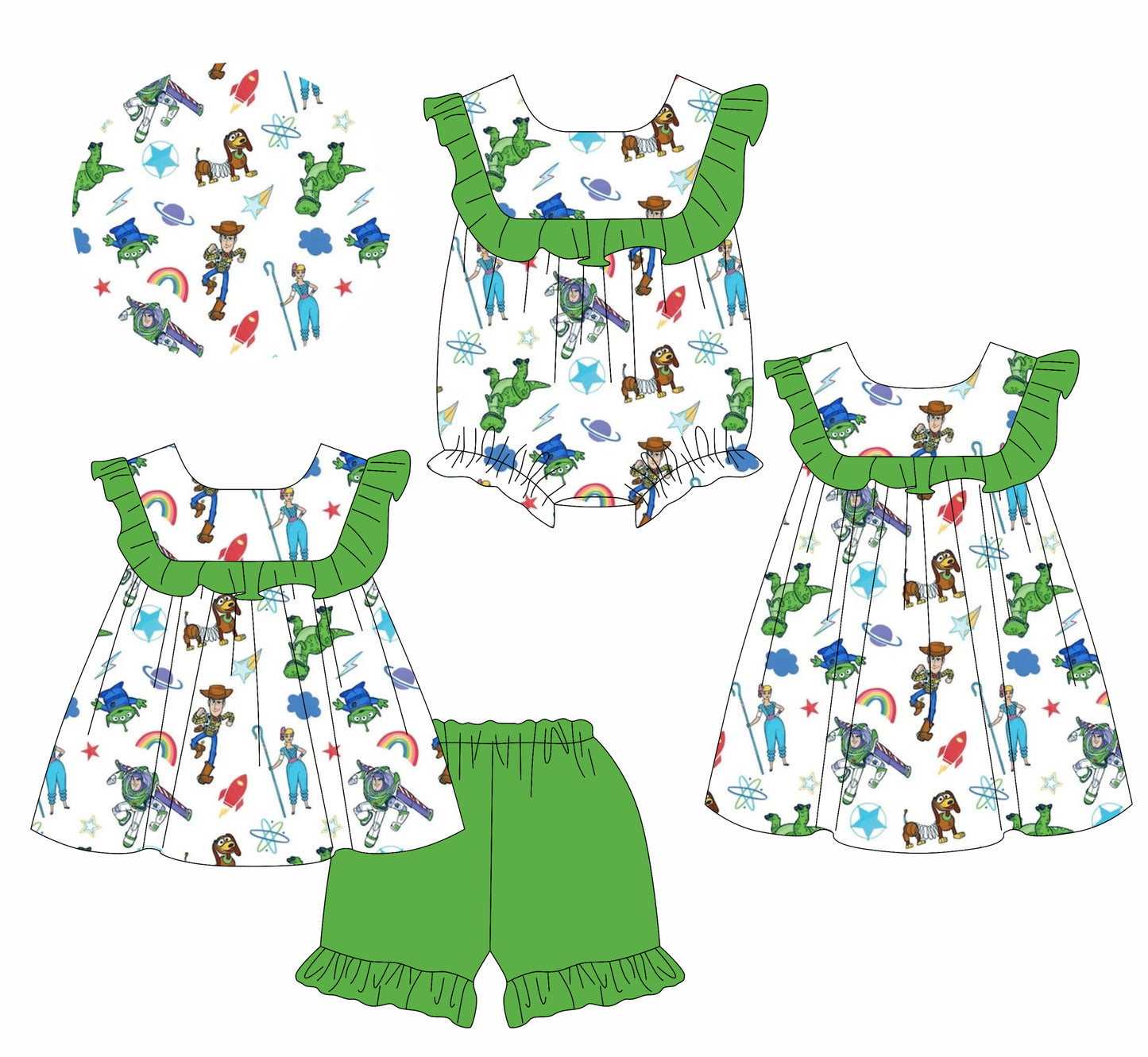 1.15 custom each style moq 5eta 4-6week Sibling Sisters cartoon toy story baby girl short sleeve shorts sets and dress and rompers match family design