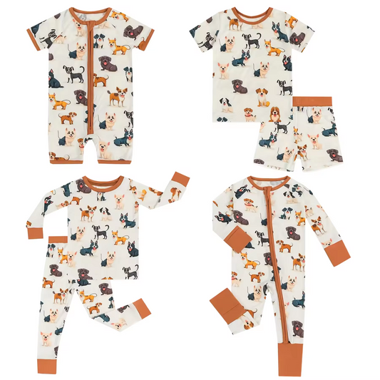 5.16custom each style moq 5eta 4-5week Sibling Sister puppy dog print brown boys outfits and baby romper match family design