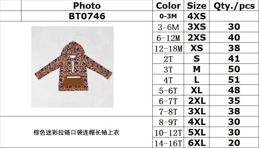 rts no moq BT0746 Brown camouflage zipper pocket hooded long sleeve top