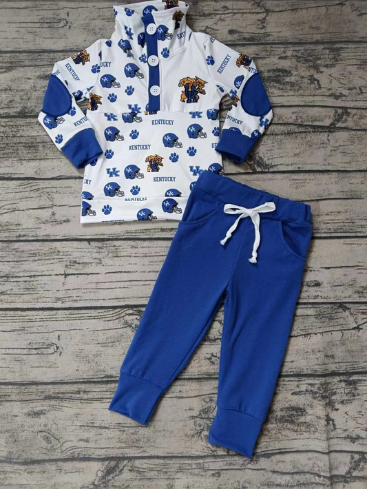 Deadline October 7 custom no moq eta 6-8weeks Blue Cat's Paw & Sports Helmet Pattern Bell Sleeve Button Pullover Long Sleeve Trousers Set